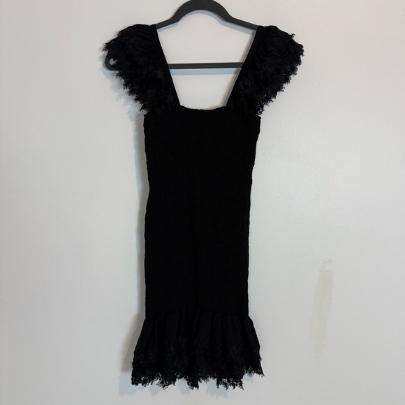 Peixoto Belle Mini Dress smocked ruffled square neck black rayon SZ S bodycon - Picture 5 of 9